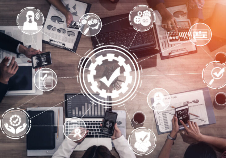 Quality Assurance and Quality Control Concept - Modern graphic interface showing certified standard process, product warranty and quality improvement technology for satisfaction of customer.