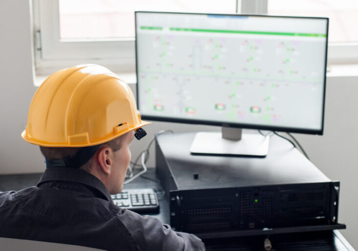 Maintenance engineer inspect relay protection system with computer. Bay control unit. Medium voltage switchgear