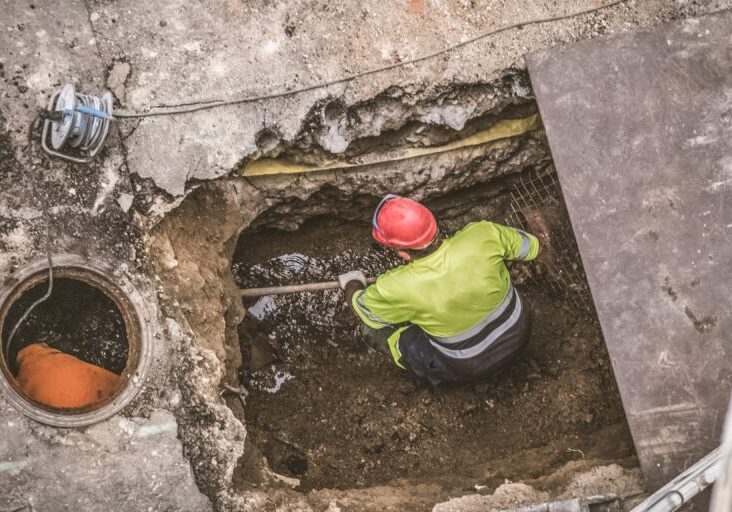 Unrecognizable workers repairing the sewage system in the street